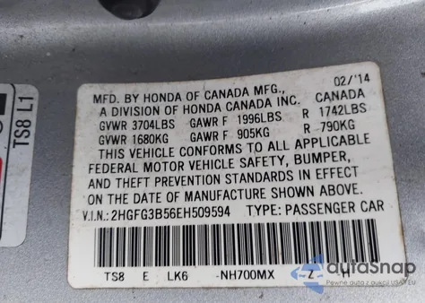 2014 Honda Civic Lx z USA, uszkodzony, nr VIN 2HGFG3B56EH509594